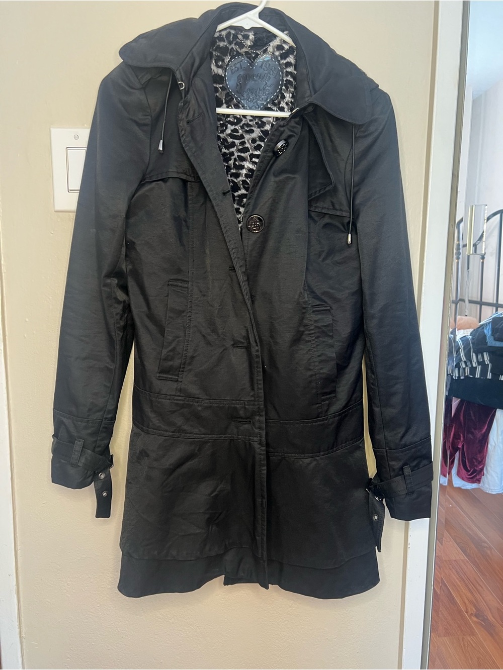 GUESS Black Trench Coat Leopard Lining Y2K Heart Detail